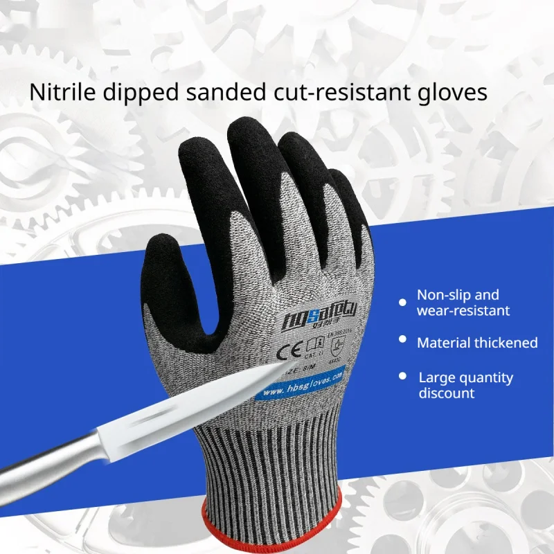 Work Gloves, HPPE Liner Polyester Knitted Liner Nitrile Sanding ，Level 5 CE EN388 Waterproof, For Garden Car Repair