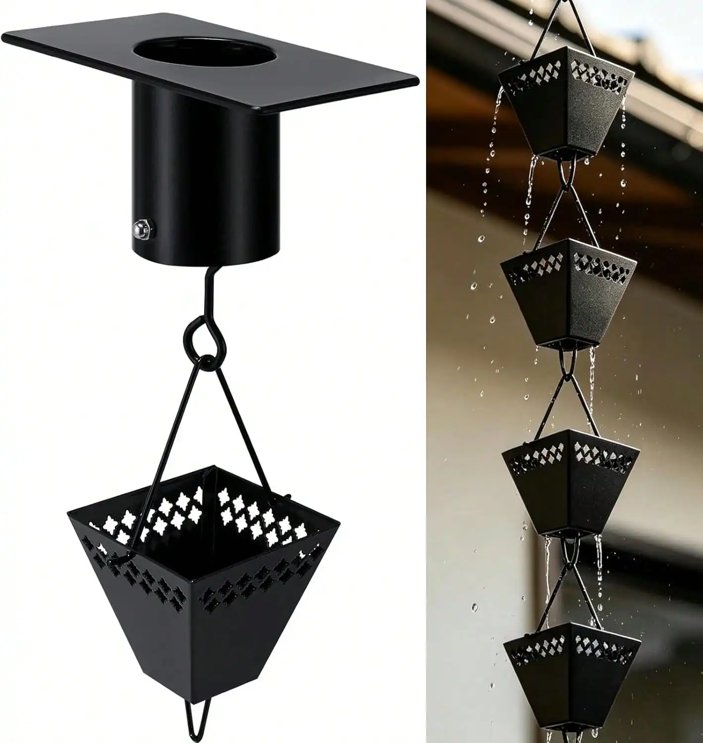 

Square Rain Chain For Gutters Outside Black Powder Coated Downspout Alternative Decorative Outdoor Rain Catcher Water Diverter With Installation Gutter Clip For Roof Eaves Garden Yard Accent Matte Black