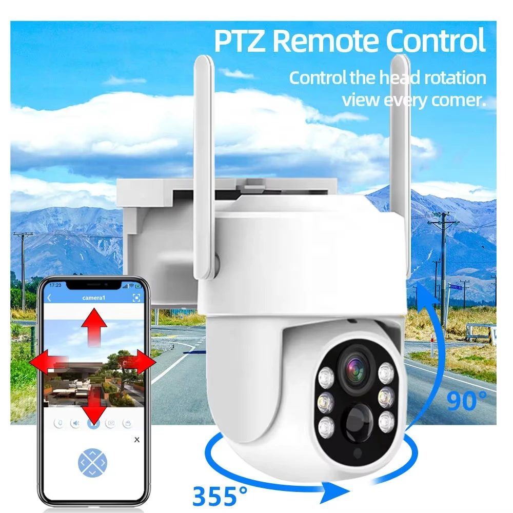 Mini 4CH 4.39 Inch NVR 5MP Wifi Solar PTZ Camera Kit Outdoor Wireless Security Surveillance Camera Set Siren Alarm Two Way Audio