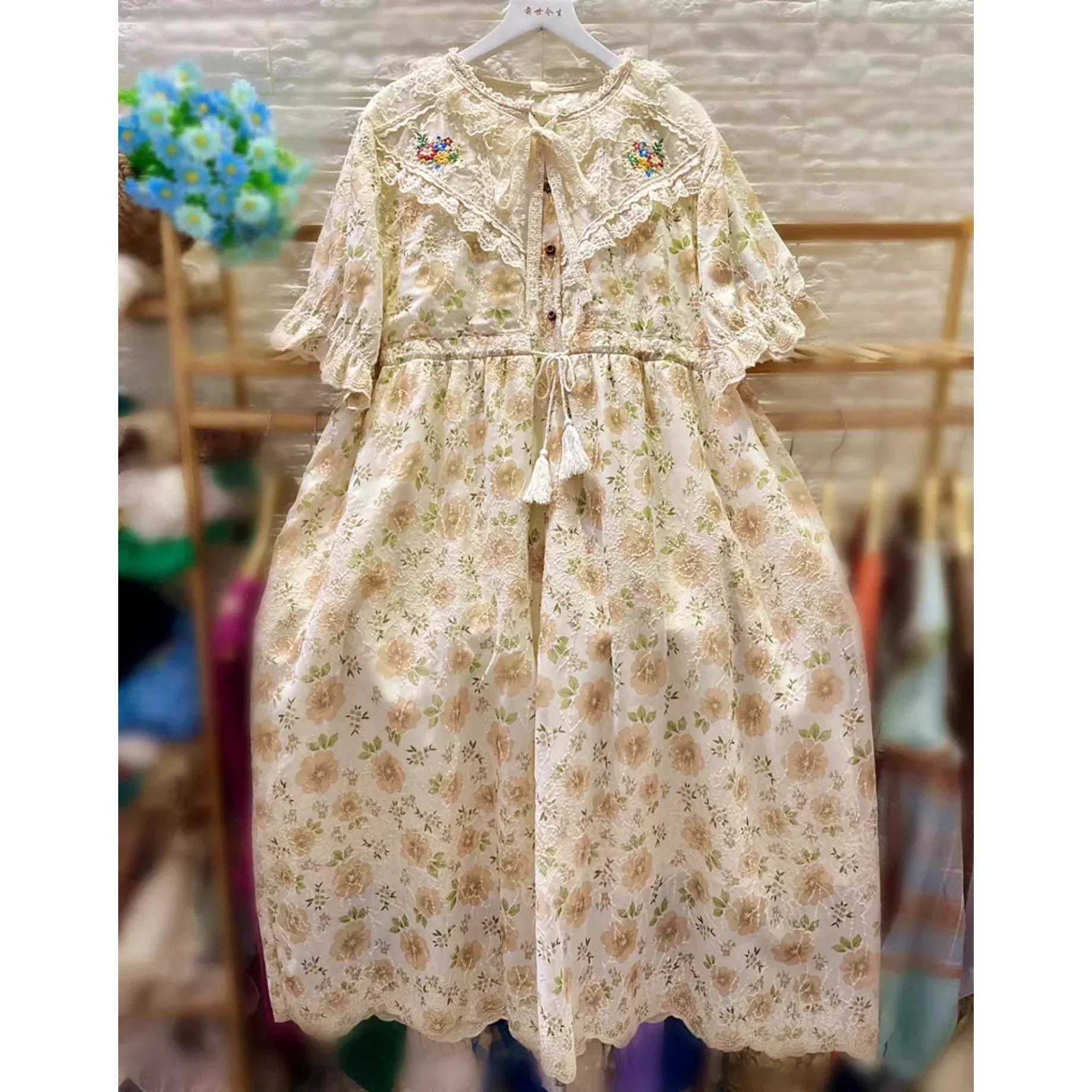 

Vintage Sweet Mori Girl Cotton Floral Embroidery Midi Dress for Women Summer Rococo Victorian Cottagecore Evening Long Dress