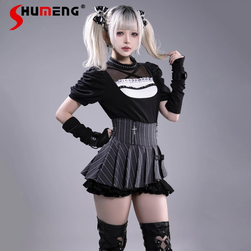 

Lolita Short-sleeved Top With Arm Sleeves Sweater Japanese Subculture Style Mine Series Girl's Knitwear Lace High-waisted Shorts