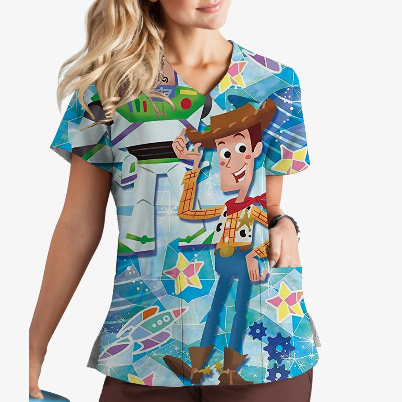 Дисней История игрушек с принтом для кормления дома, парк развлечений, салон красоты, женская рабочая форма, скраб-топ с v-образным вырезом и принтом