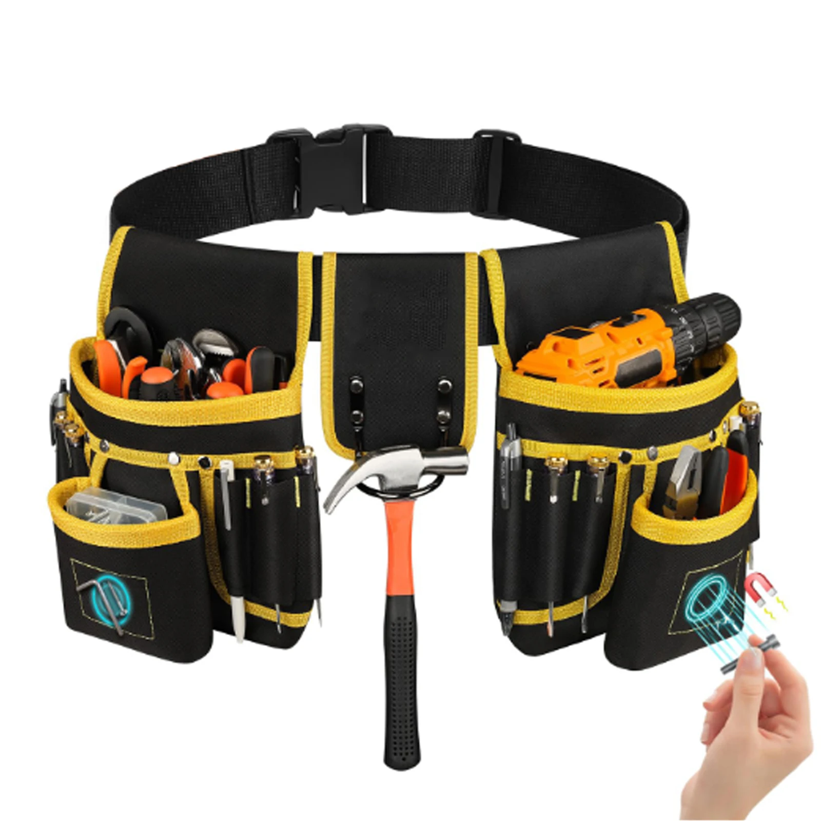 Men's magnetic tool belt, 26-pocket heavy-duty tool bag, magnetic gun holster nail detachable and adjustable waist bracket