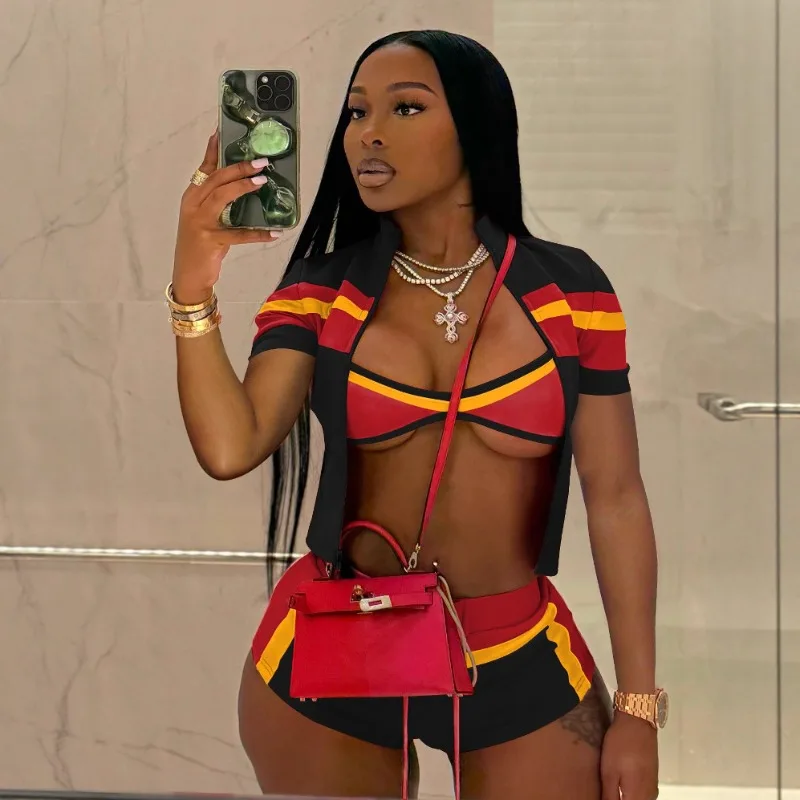 

Women Summer Color Patchwork 3 Piece Set Tracksuit Halter Bra + Short Sleeve Zipper Cardigan Jacket Crop Tops + Lace Up Shorts