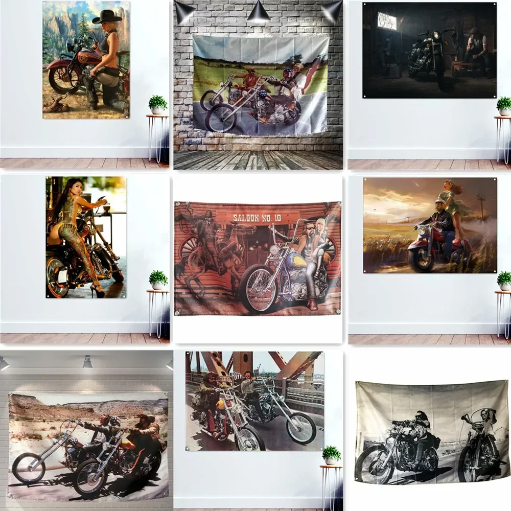 Easy Rider Motorcycle Posters Tapestry Sexy Girls Tattoo Art Flag Banner Wall Painting Garage Man Cave Home Wall Decor Sticker 2