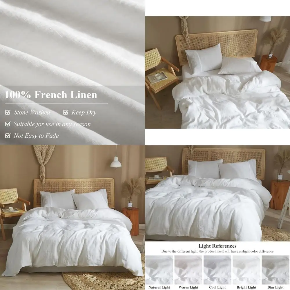 

Queen Size 100% French Linen Bedding Set, Off-White, Includes 1 Duvet Cover & 2 Pillowcases