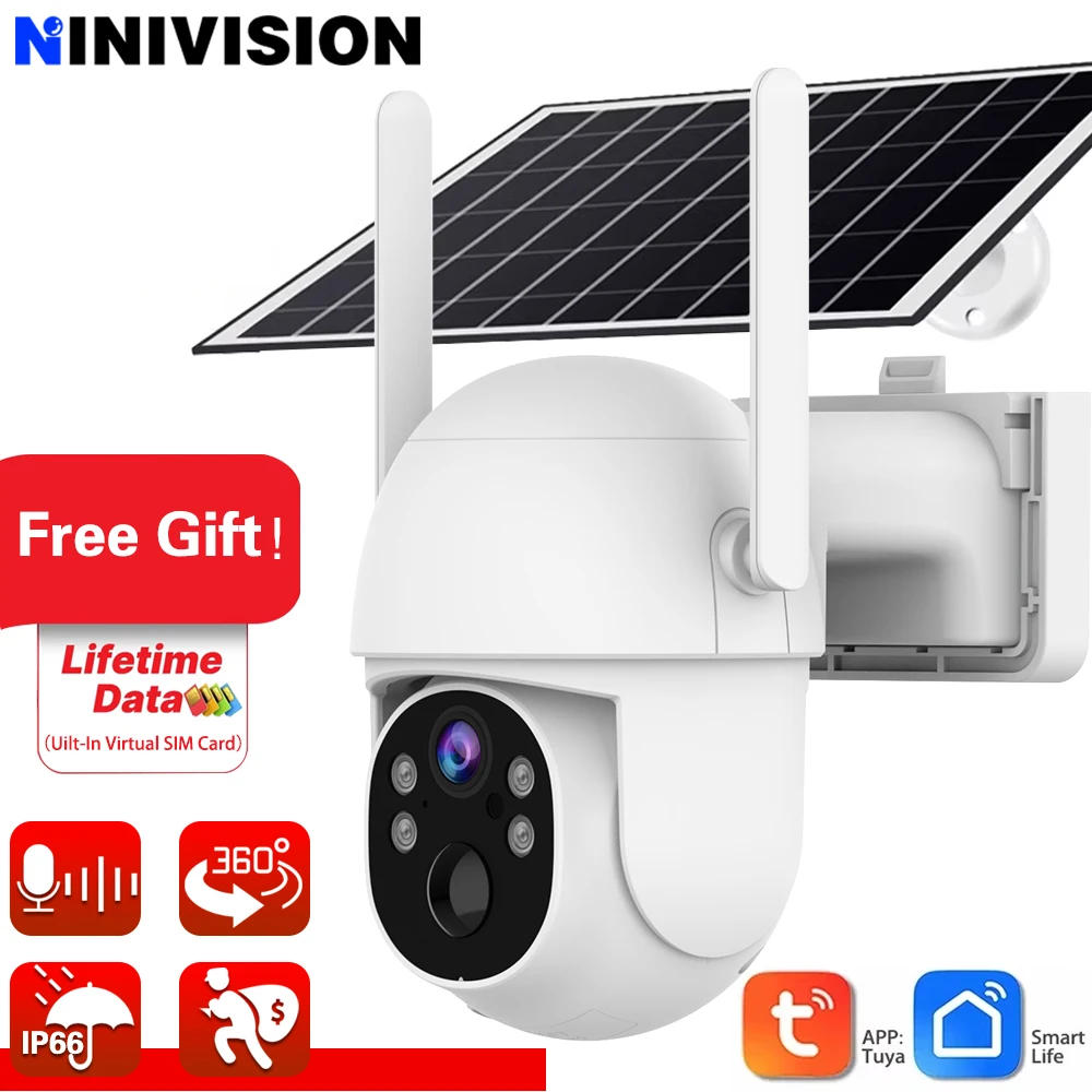 

Tuya 4G Lifetime Data 5MP Surveillance Smart Security Camera Solar PTZ Uilt-in Virtual SIM Card PIR Detection Color Night Vision