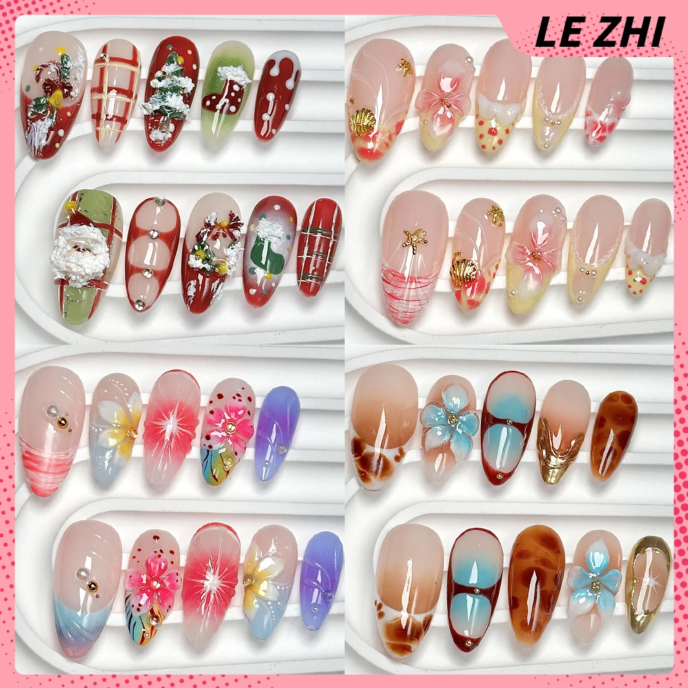 

Colorful 3D Flower Handmade Short Almond Ellipse Press On Nails Diamond Pearl Golden Star Shell French False Nail Christmas Gift