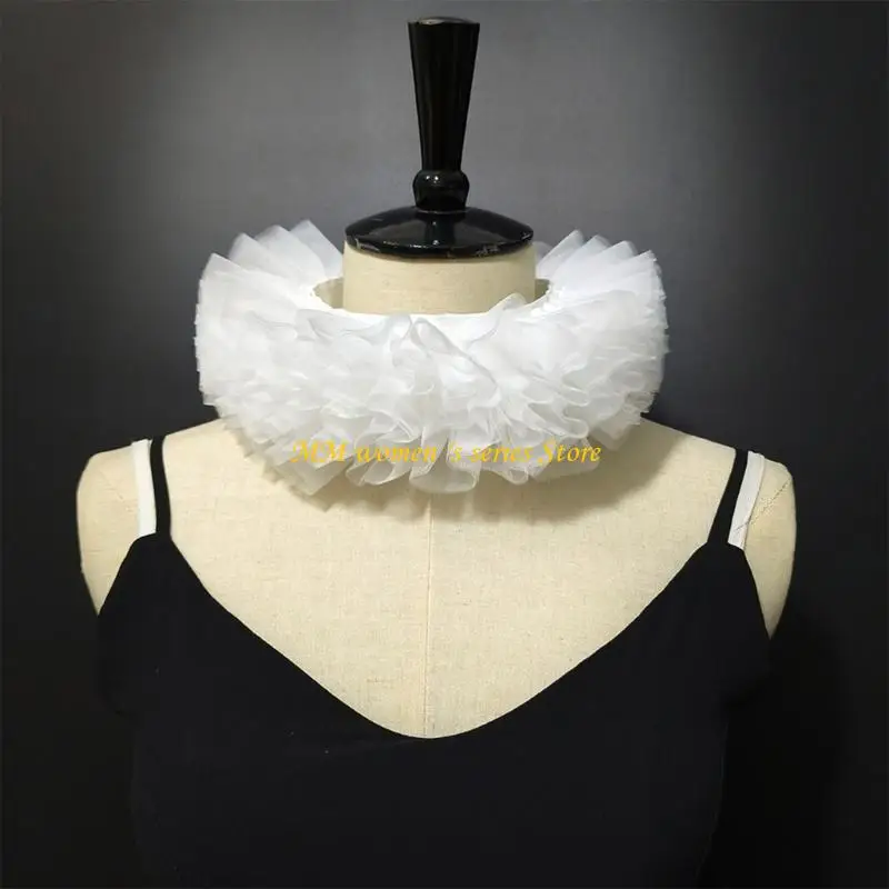 Q39C Classical White Ruffled Mesh Faux Collar Tulle Neck Ruff Clown Choker For Cosplay Costumes Themed Parties And Dress Up