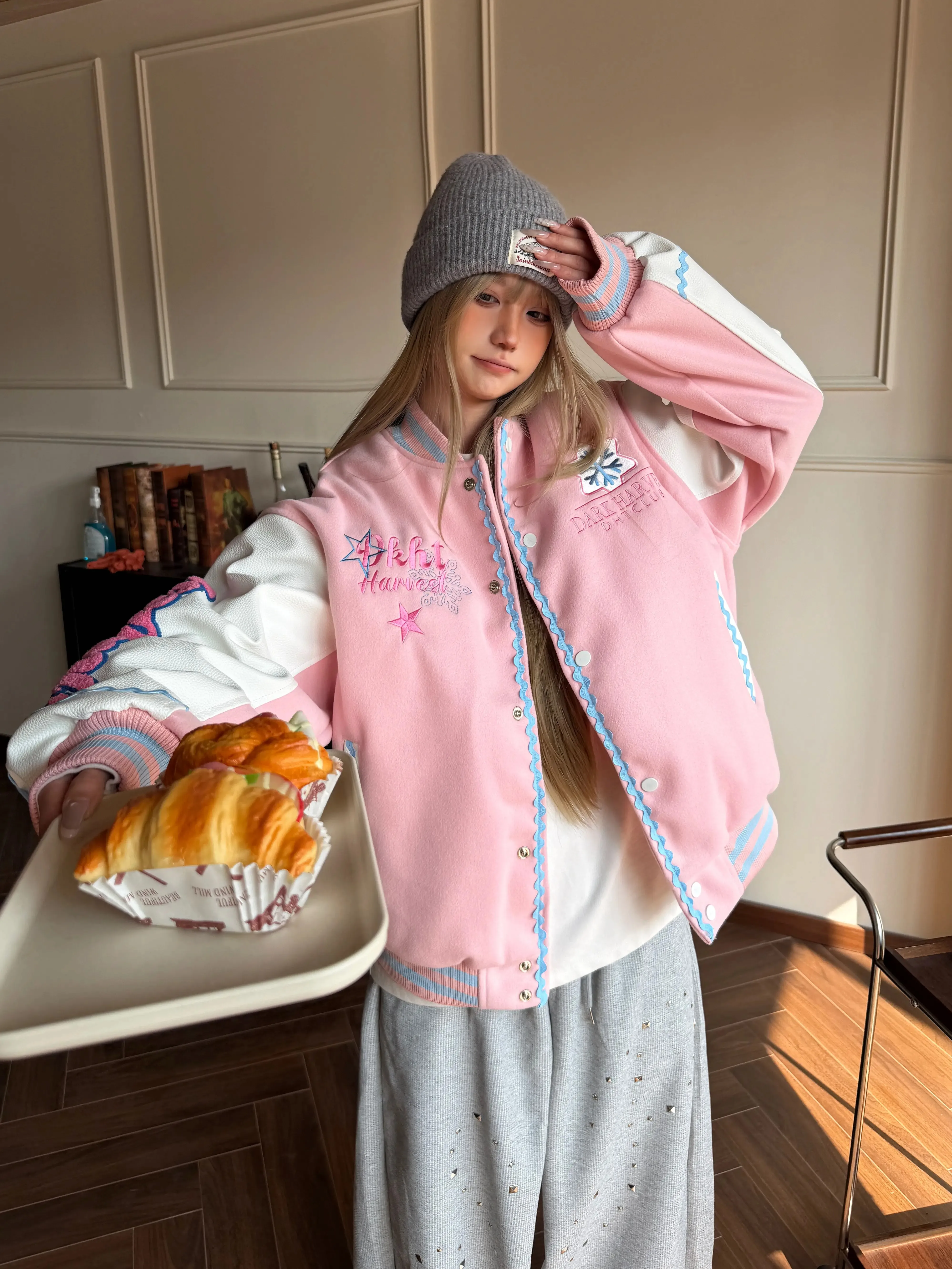 American Color Block Letter Snowflake Embroidery Baseball Jacket Women's Spring Autumn Loose Casual Jacket Trendy