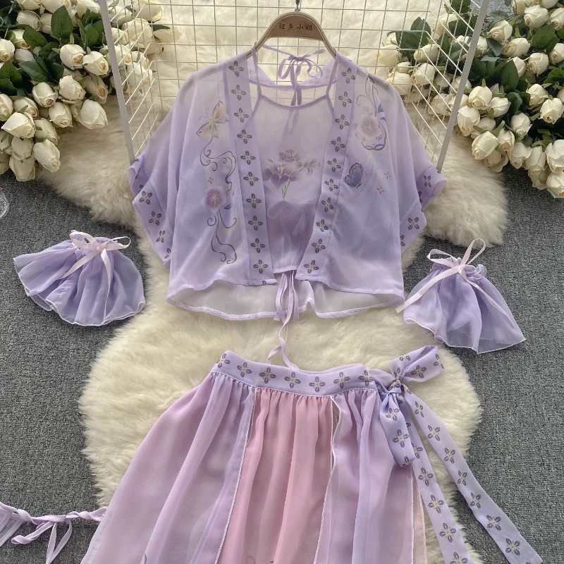 Purple Chinese Classical Costumes Vintage Dancer Hanfu Top Skirt Thong Set Sexy Lingerie Bathrobe Women Erotic Underwear Pajamas