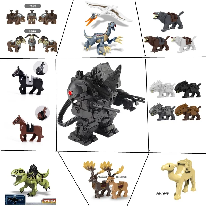 Blocs de construction d'animaux classiques, cheval de guerre créatif, élan, sanglier, loup, briques à monter soi-même, jouets dinosaures pour enfants, cadeaux de noël