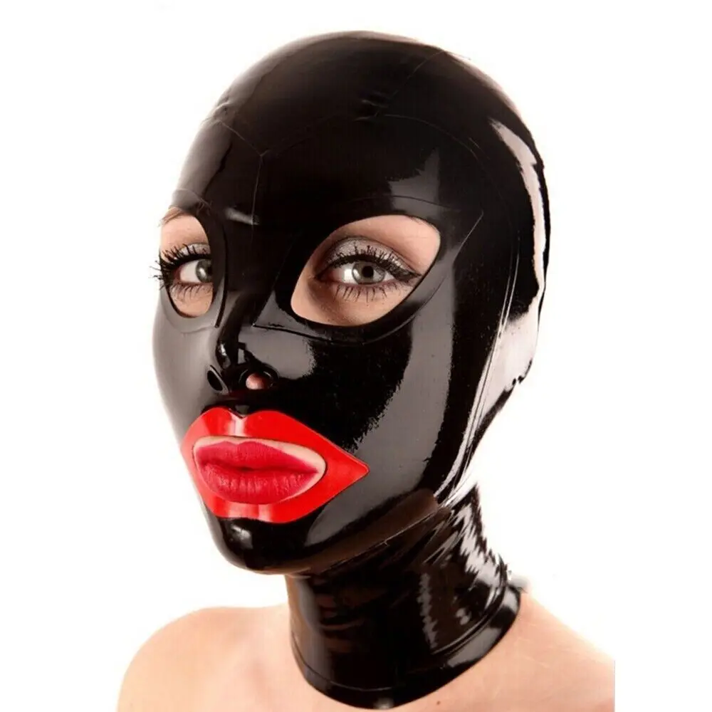 

Latex Gummi Hood Red Lips Rubber Mask Back Zipper Fetish