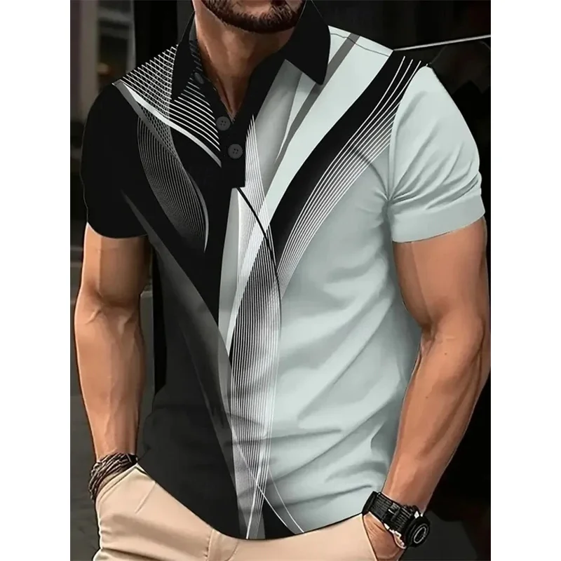 Unregelmäßiges Modelinie-Muster-Poloshirt für Herren, einfacher Trend, Sommer, 3D-gedrucktes Kurzarmhemd, lässiges Poloshirt plus T-Shirt