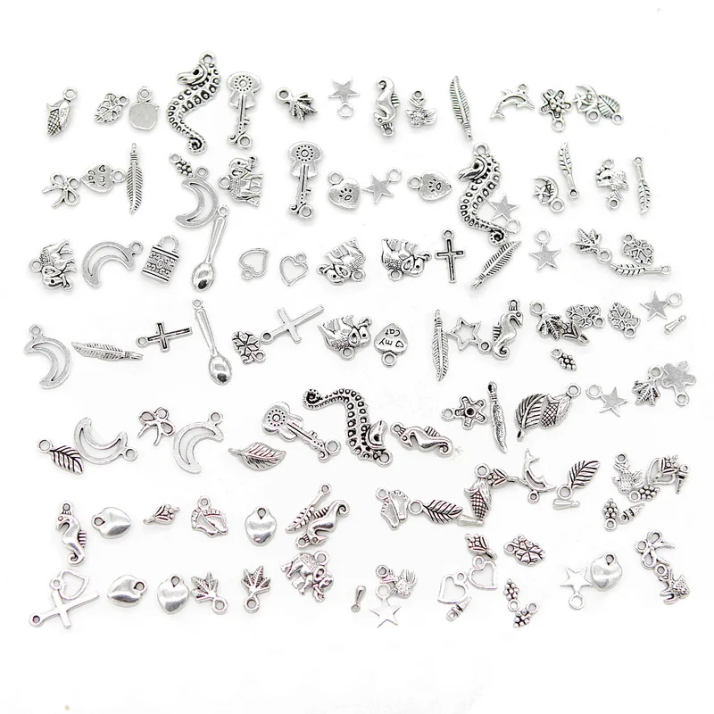 50/100pcs Mixed Tibetan Silver Charms Diy Silver Beads Accessories Heart Shape Cross Pendant Starfish Elephant Metal Charm Etc.