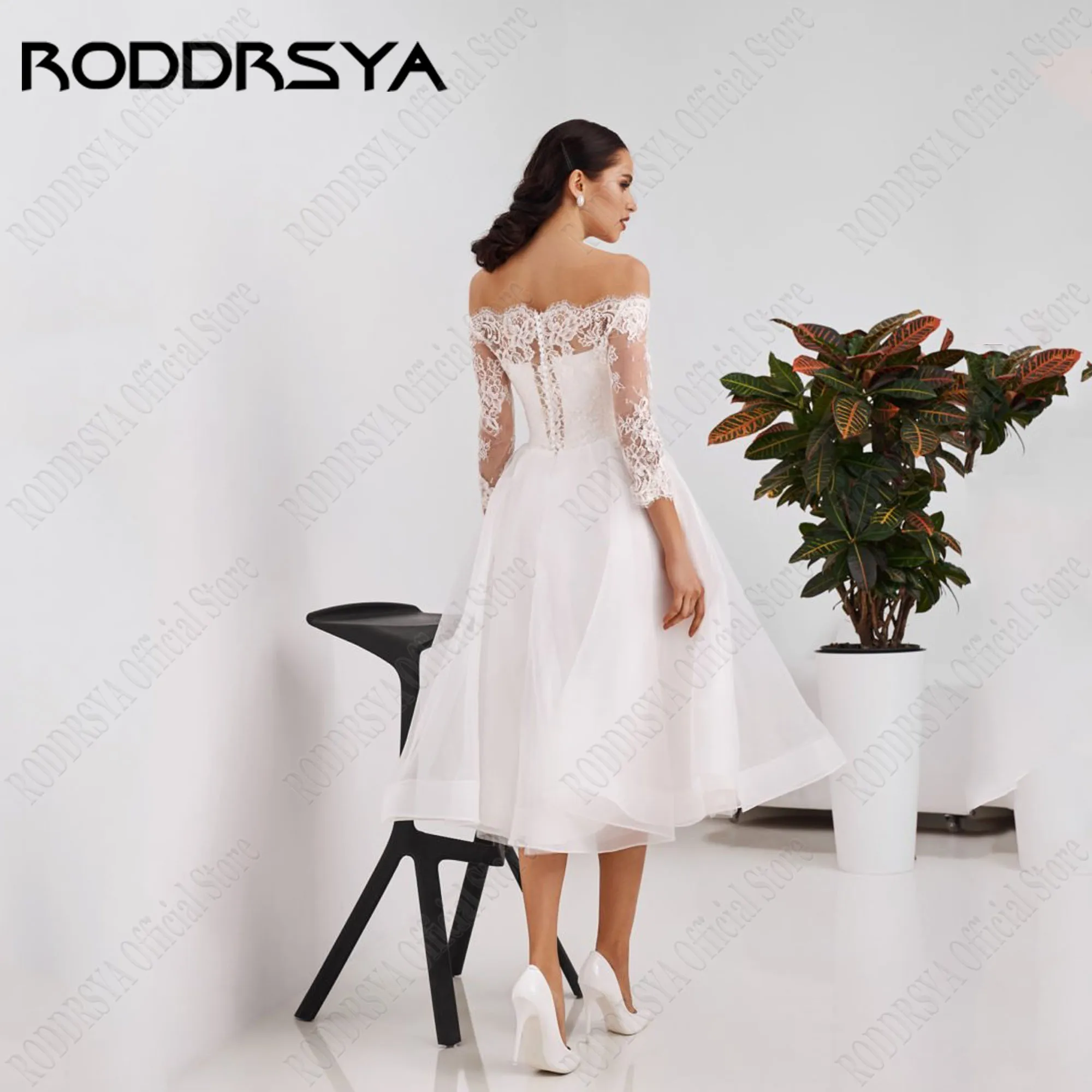 RODDRSYA Civil Lace Vestidos De Casamento Barco Pescoço 3/4 Mangas Applique Vestidos De Noiva Tule A Linha Lace Up Chá-Comprimento свадебное платьеRODRSYA Civil Lace Vestidos de Noiva Barco Pescoço 3/4 Mangas Applique