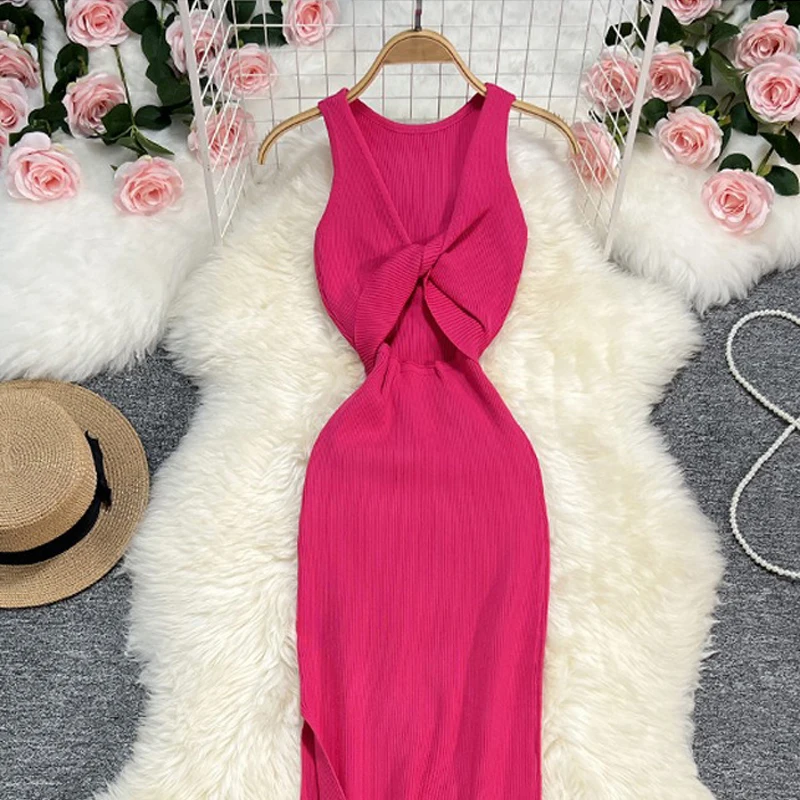 YuooMuoo Women Dress 2024 Summer Fashion Two Sides Available Knitted Bodycon Dress Elegant Split Long Party Vestidos Robe Femme