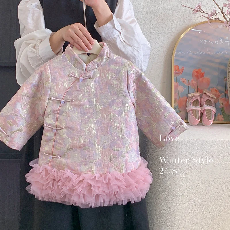 2025 Winter 2-8 Years New Year Birthday Thickening Traditional Chinese Ethnic Tang Dress Lace Patchwork Kids Baby Girl Cheongsam