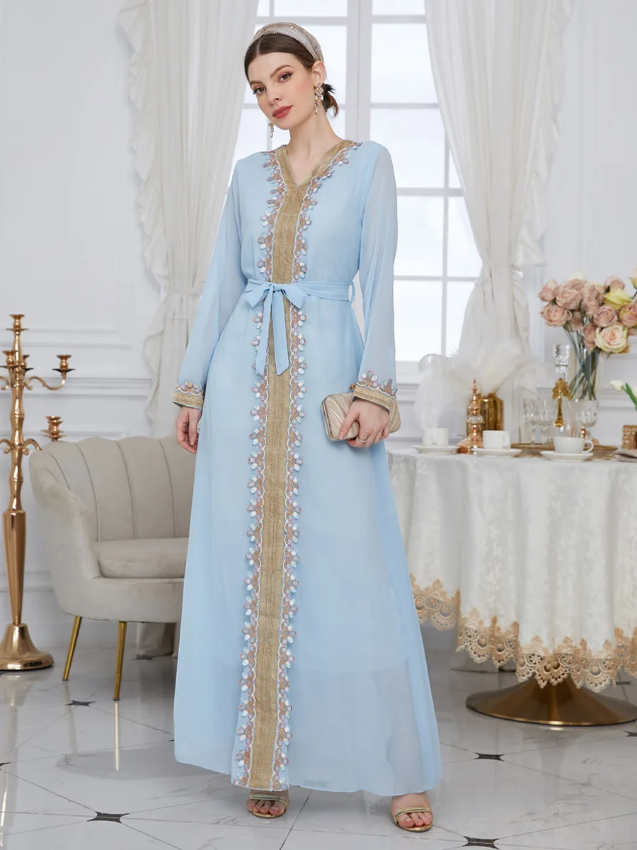 Chiffon Morocco Dress Muslim Women Abaya Prayer Lace-up Long Sleeve Robe India Abayas Dubai Turkey Longue Vestidos Largos 2022