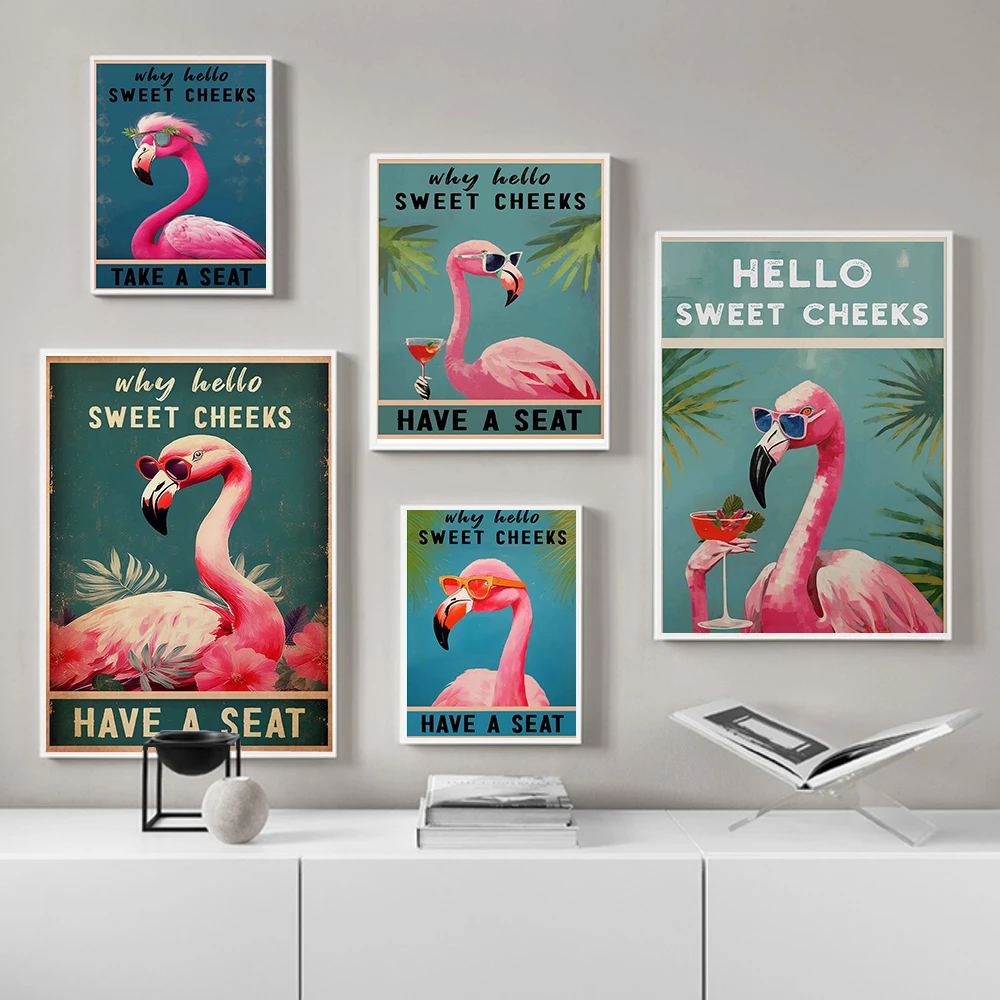Hello Sweet Cheeks Posters Funny Pink Flamingo Bathroom Gift Canvas Painting Vintage Wall Art Picture For Living Room Home Decor