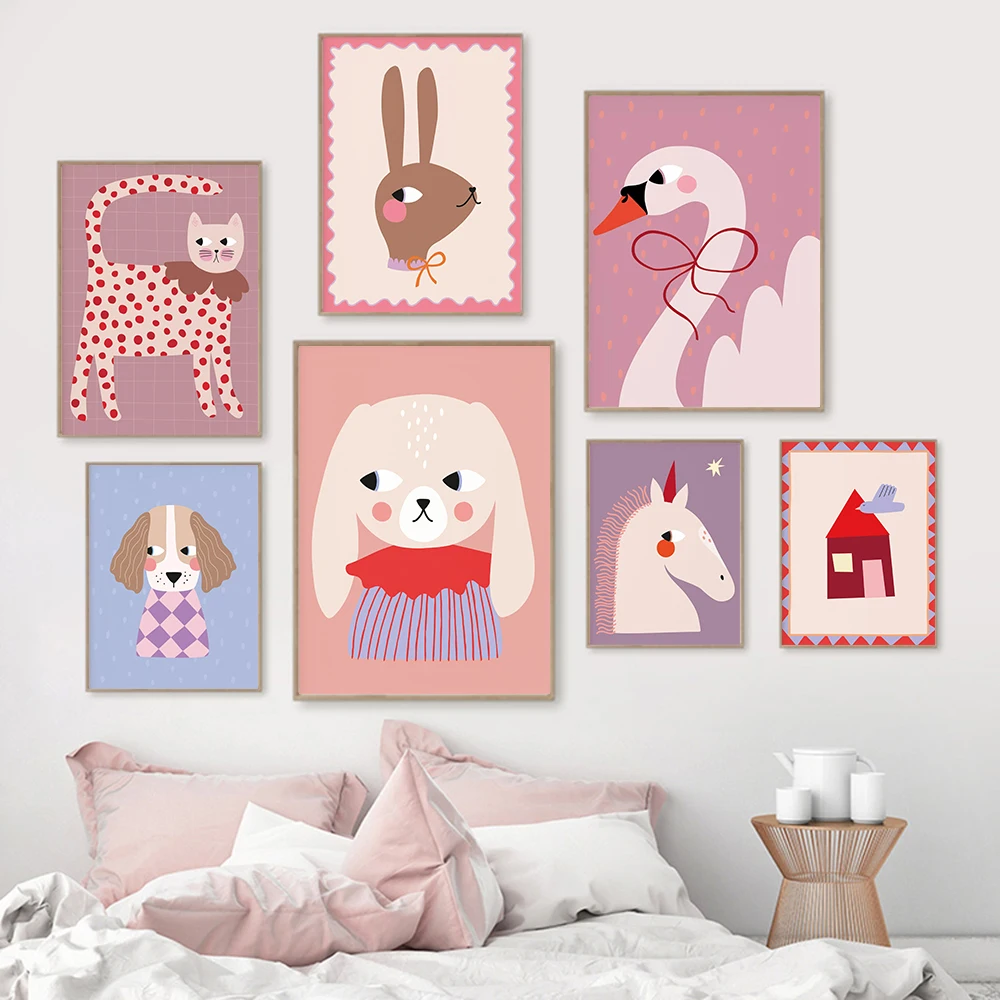 

Funny Animals Bunny Dog Cat Swan Unicorn Horse Posters Prints Wall Art Canvas Nursery Purple Pictures for Baby Kids Room Decor