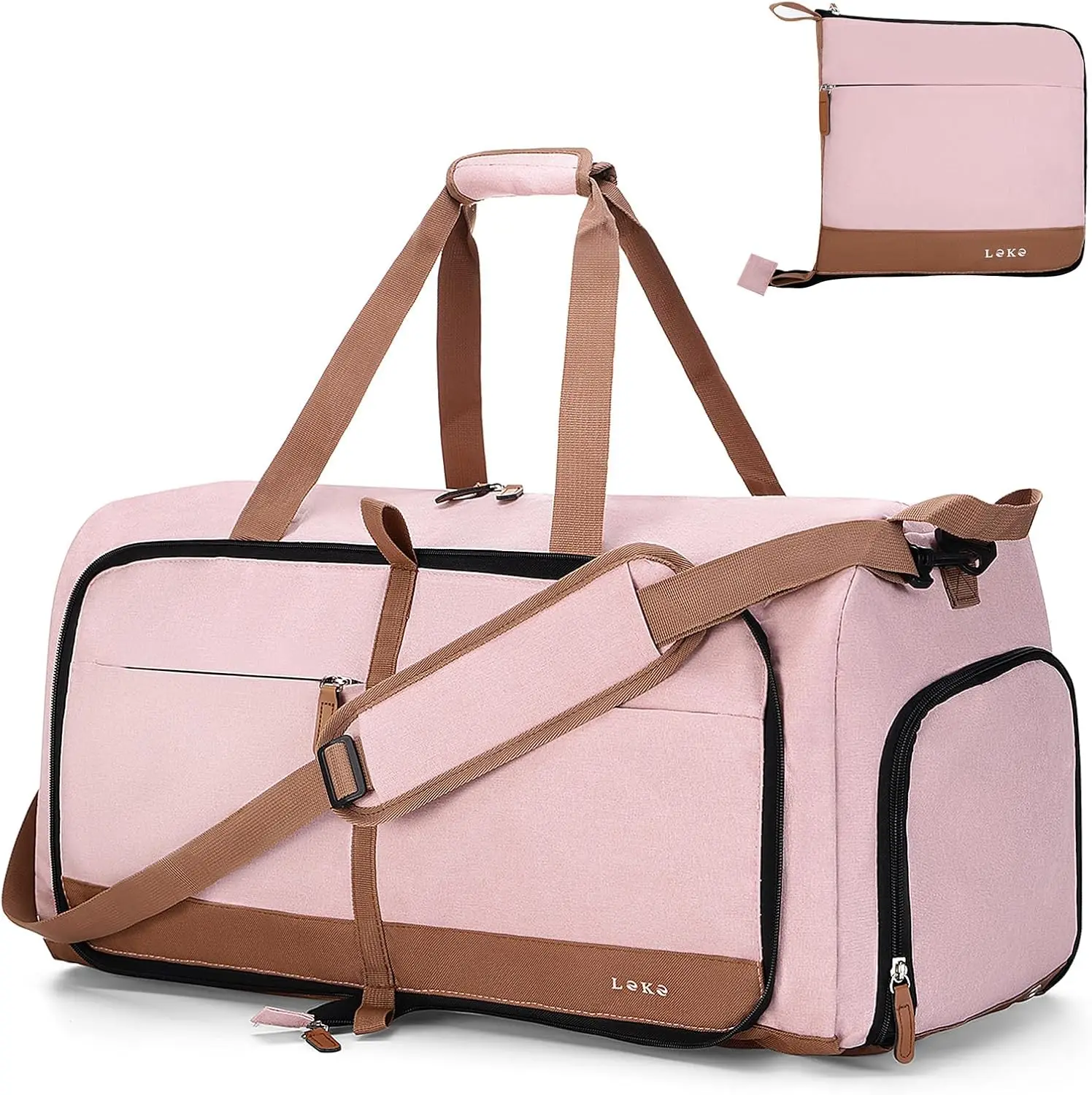 

Foldable Travel Duffel Bag for Women, 80L Large with Shoe Compartment, Pink Weekend Carry-On