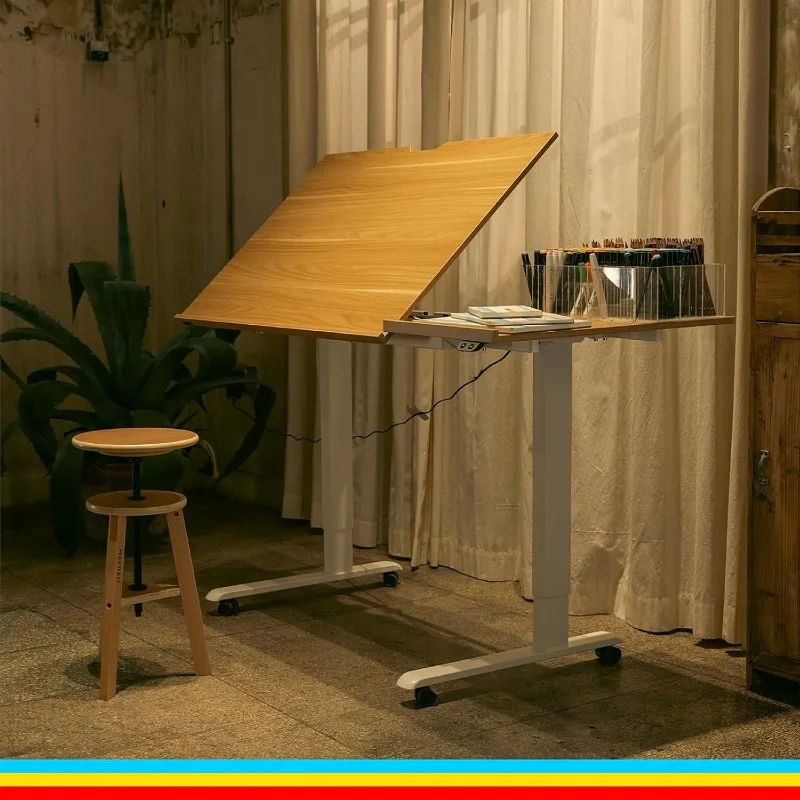

Electric Adjustable Drafting Table - 31" to 52" Height Drawing Desk with Rolling Wheels - 40x27 Tiltable Tabletop for Art