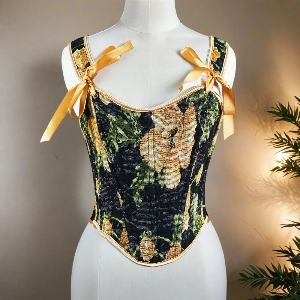 

Women Bandage Corset Vest Overbust Lingerie Vintage Bustier Floral Printed Bodice Lace Up Boned Stage Costume Shaping Tops