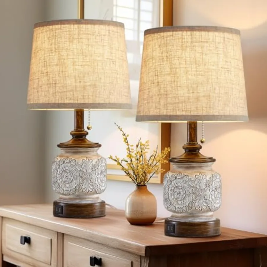 

19.5" Farmhouse Bedside Table Lamps Set of 2 Rustic Lamps for Nightstand Bedroom with USB Ports Vintage Traditional White Carve
