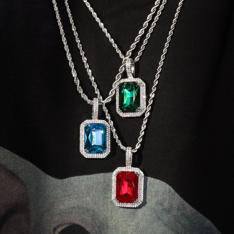 Hiphop-collar con colgante de circonia cúbica para hombre, cadena de cuerda de acero inoxidable de piedra colorida, joyería rapero para el cuello