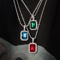 Hiphop Luxury Shiny Iced Out Zirconia Pendant Necklaces for Men Colorful Stone Stainless Steel Rope Chain on Neck Rapper Jewelry