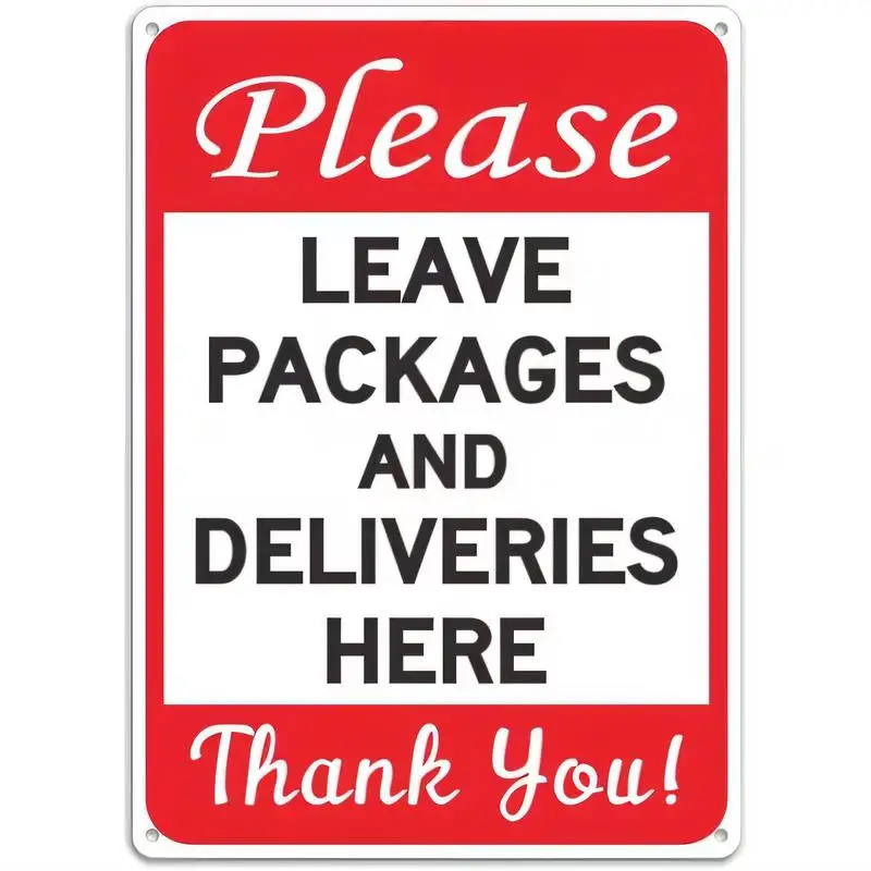 Red & White Leave Packages Here Polite Metal Sign, Clear Text, Tin Material, Practical for Home/Office Entryway Delivery