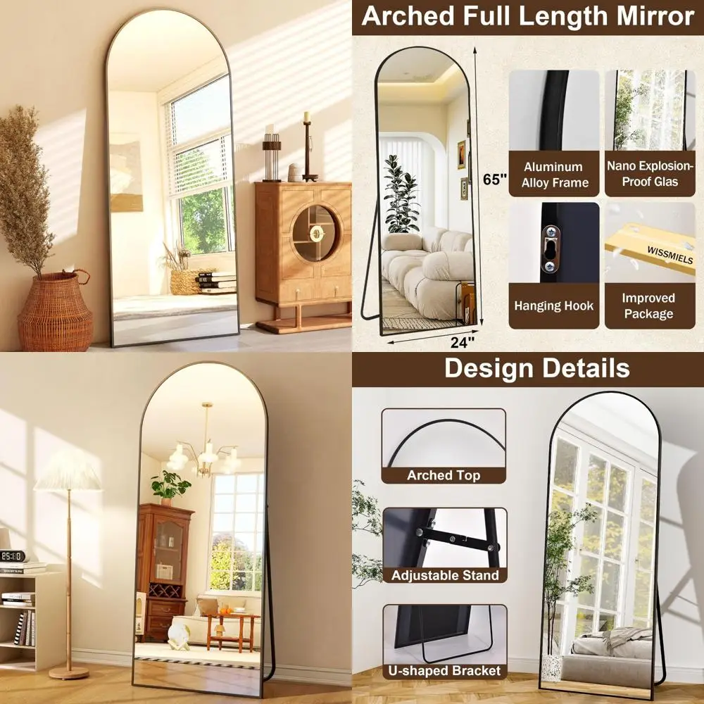 Espelho de parede arqueado com moldura de alumínio - Espelho de chão de comprimento total para decoração de casa e uso de banheiro