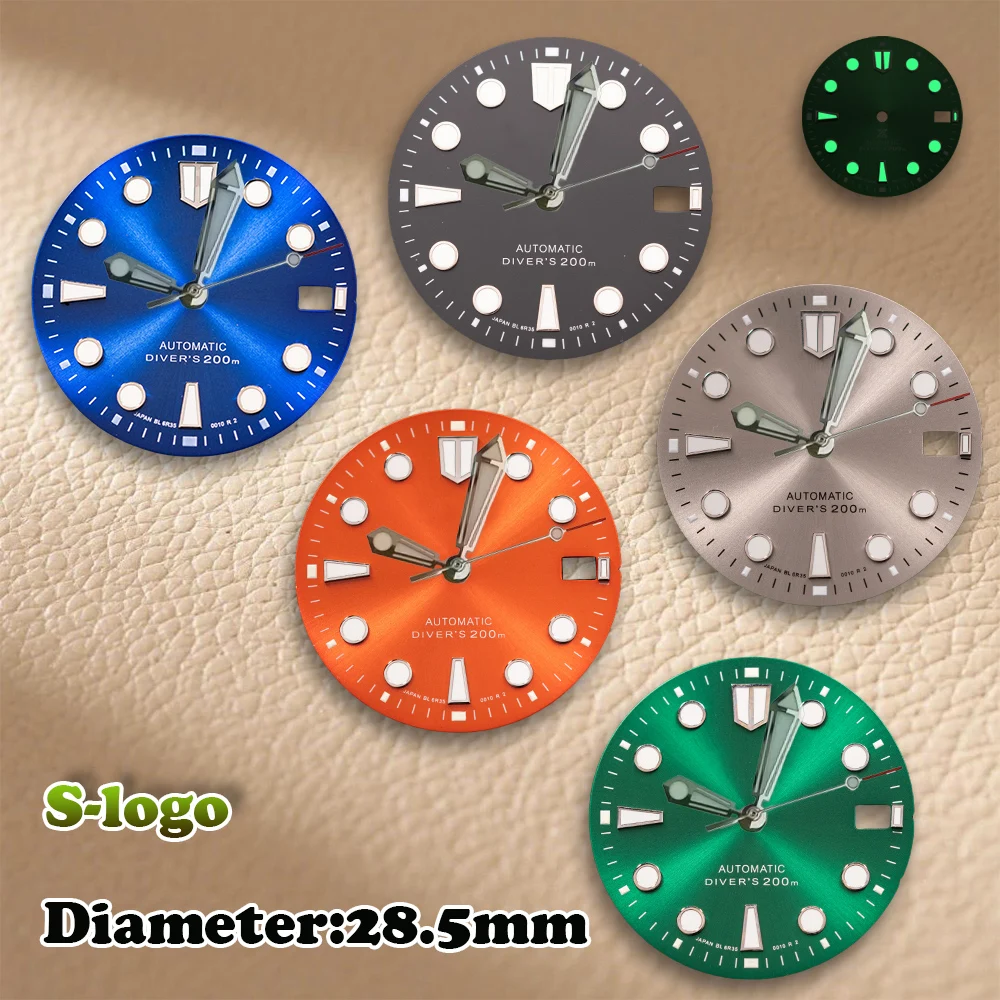 S Logo 28.5mm Sunburst Diver's Dial NH35/NH36/4R Movements C3 Green Luminous Watch Modification Accessories repair Parts