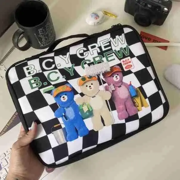 Ins Plaid Bear Waterproof Laptop Bags Tablet 11 13 13.3 14 15.6 16 Inch Case Carring Bag MacBook Air Pro Notebook Computer Bag