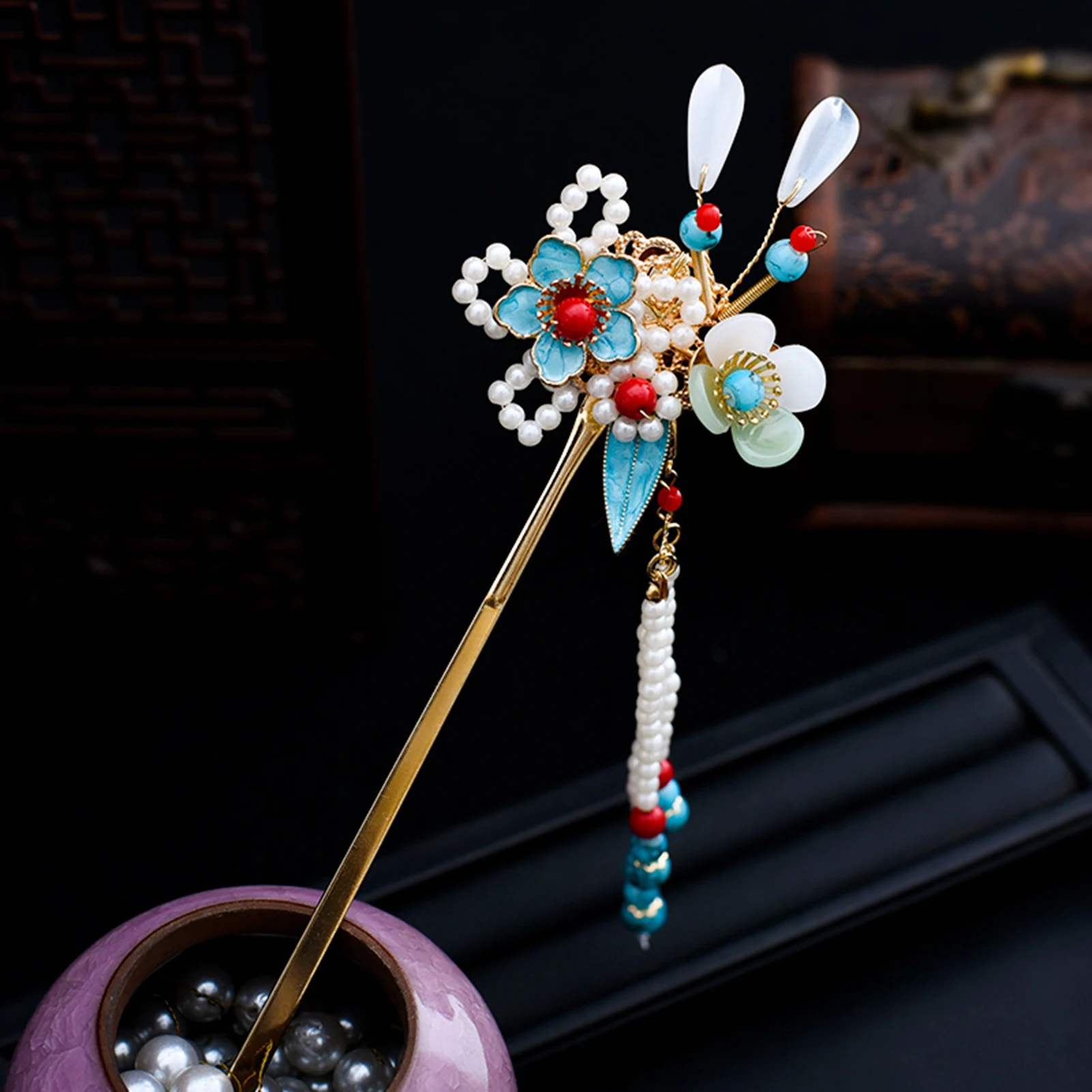 Hanfu Matching Tassel Hairpin Flower Decor Beads Tassel Hair Chopstick for Friends Girlfriend Wife Novel Gift