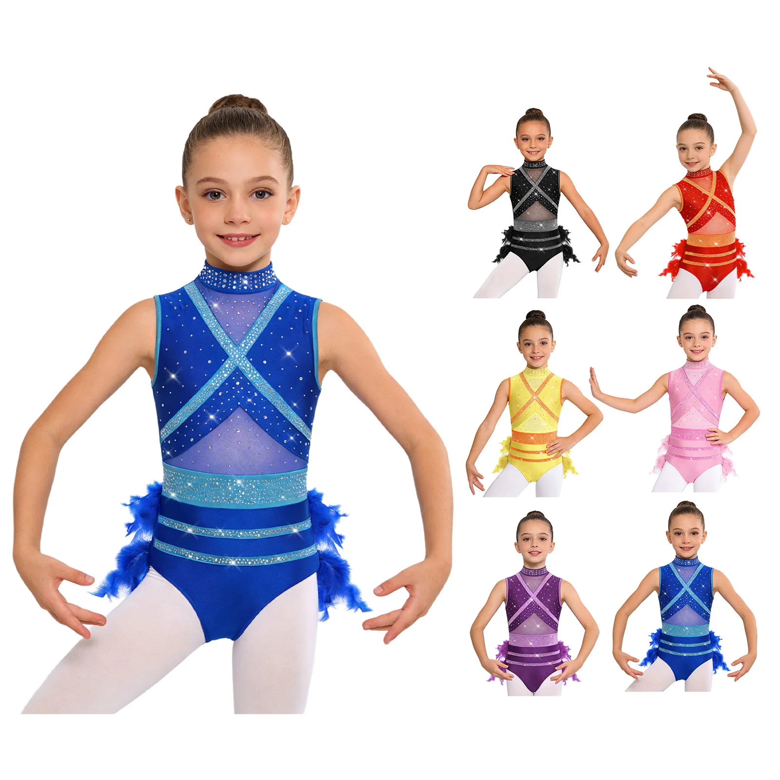 Kids Girls Latin Ballet Dance Costume Bodysuit Mock Neck Sleeveless Mesh Patchwork Shiny Rhinestone Leotard Modern Dancewear - view 5