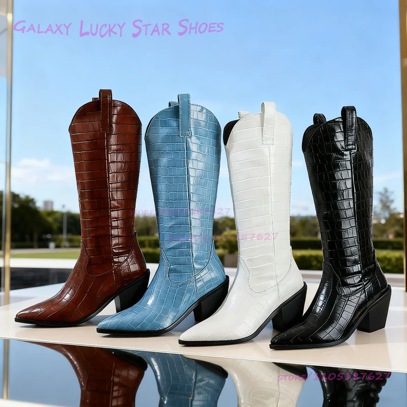 

Stiff Leather Knee Boots Brown Striped Stone-Patterned Pointed Toe Chunky Low Heel Black Casual Winter White Blue Women's Shoes