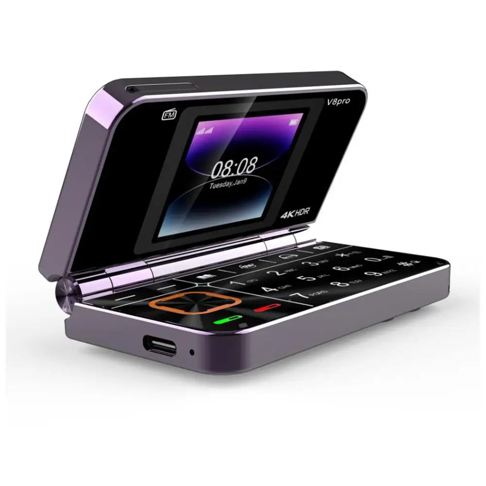 V8 Pro Mini opvouwbare flip-telefoon 2G Senior mobiel met grote knoppen Zaklamp en meertalige ondersteuning Dual SIM Dual Standby 2G
