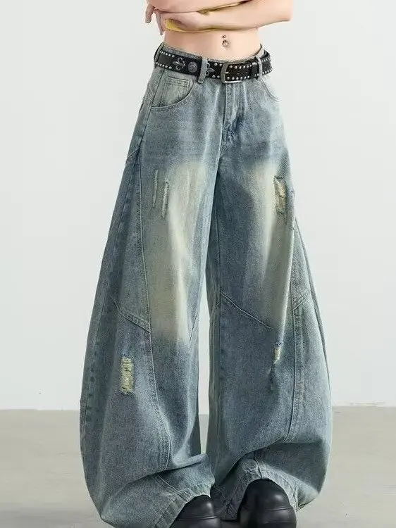 American Style Wide Leg Jeans Women's plus Size Loose Fit Cool Jazz Dance Hole Punching Denim Pants Autumn 2026 Casual Wear