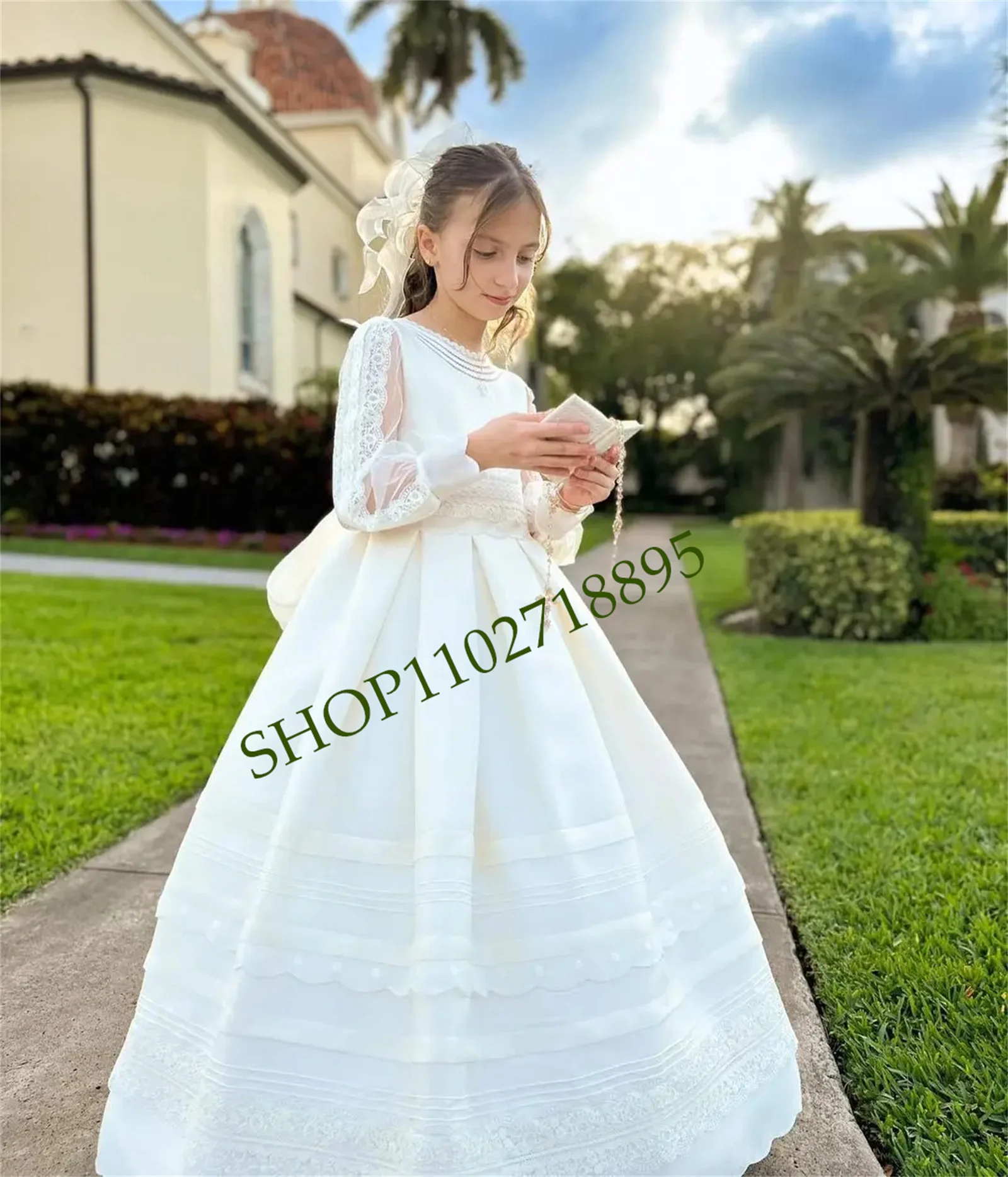 

First Communion Dress Made with Satin Fabric Long Sleeves with Vintage-like Laces Bow and Covered Buttons for Closure