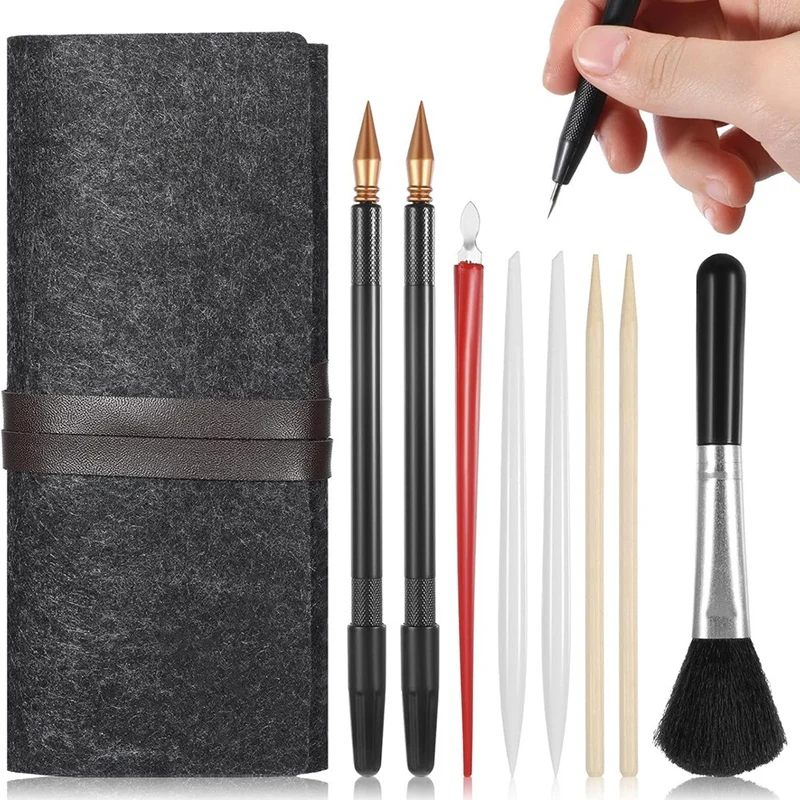 9-Piece S Cratch Art Tool, Scratch Painting Tool Set, Tool Kit, S Cratch Coloring Pen,Wooden Stylus, Cleaning Brush