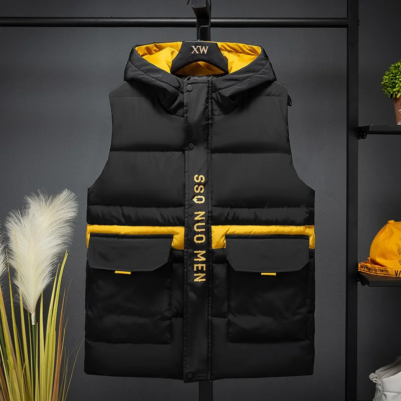 Korea Fashion Hooded Vest Men Casual Jacket Autumn Winter Thicken Warm Waistcoat Sleeveless Coat Black Yellow Beige Gilets Male