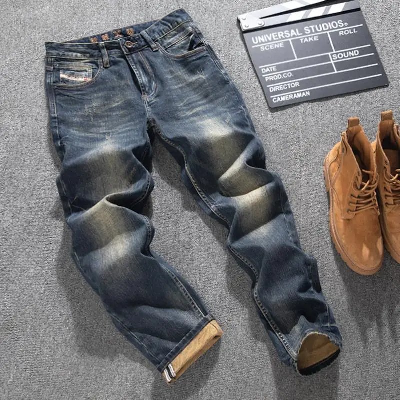 

Retro heavyweight and handsome street jeans for men, slim fit and small feet, nostalgic washed fashionable denim pants