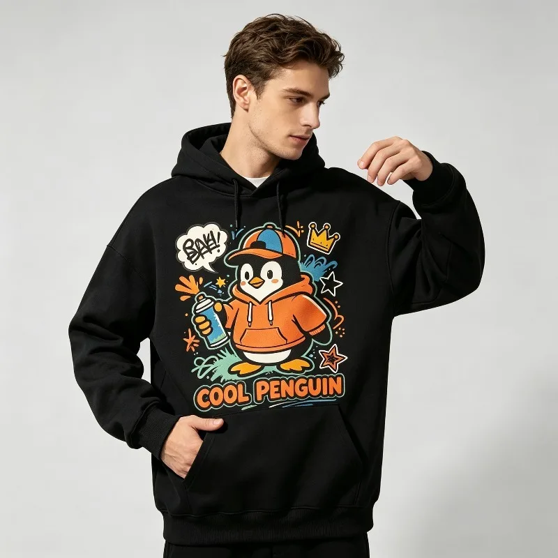 Casual Streetwear Hoodie “Cool Penguin” Comic Penguin Print Casual Clothes Cotton Pullover Long Sleeve Male Hooded Sweatshirt
