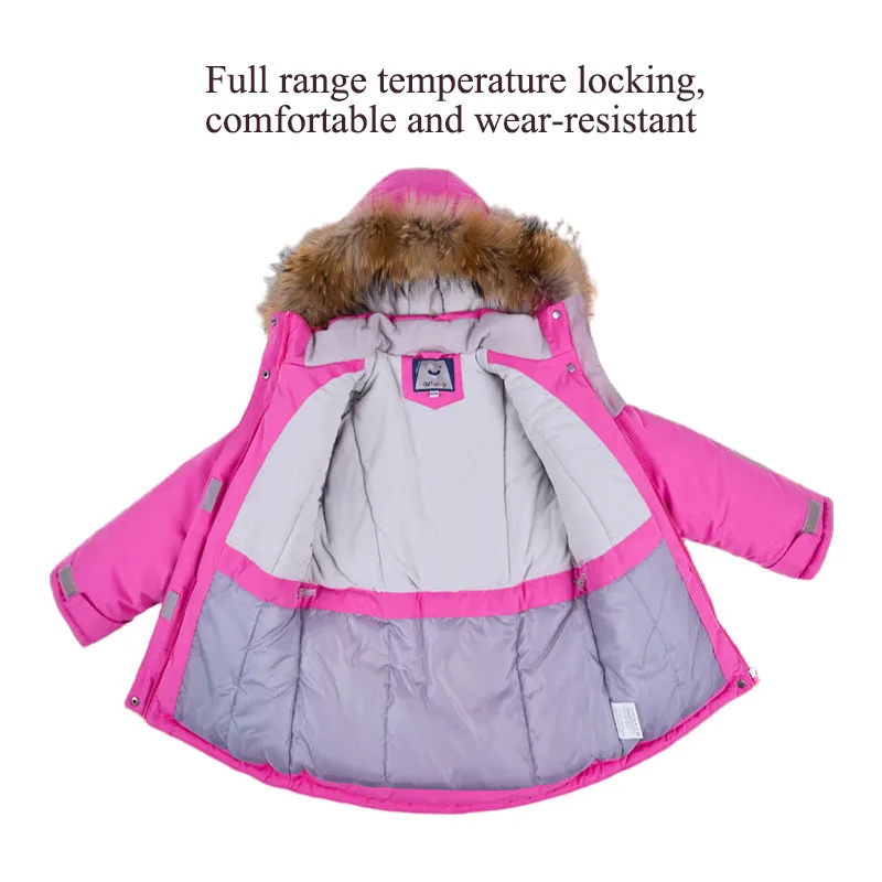 الشتاء الاطفال رشاقته مقنعين سنوسويت الدافئة سترات معطف بياقة من الفرو + بذلة 2 قطعة ملابس الأطفال الصبي بدلة الثلوج