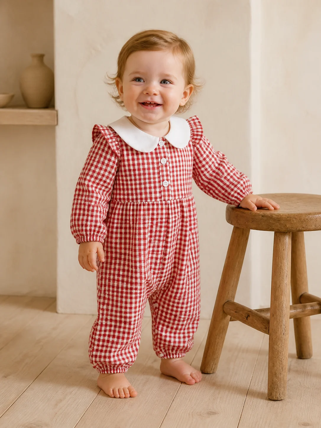 Baby Girl Red G Jumpsuit Peter Pan Collar Ruffle Long Sleeve Plaid Baby Romper 95% Cotton Fall Newborn Infant One Piece Outfit