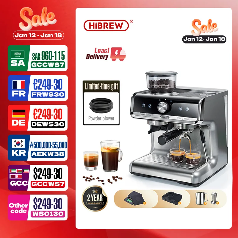 HiBREW Barista Pro 20Bar Bean to Espresso, Cafetera de nivel comercial con kit completo para cafetería, hotel, restaurante H7