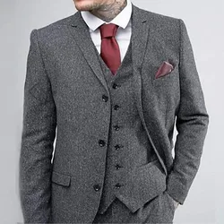 New Wool Tweed Winter Suits for Men 3 Piece Wedding Groom Tuxedos Peaked Lapel Man Fashion Clothing Plus Size(Blazer+Vest+Pants)