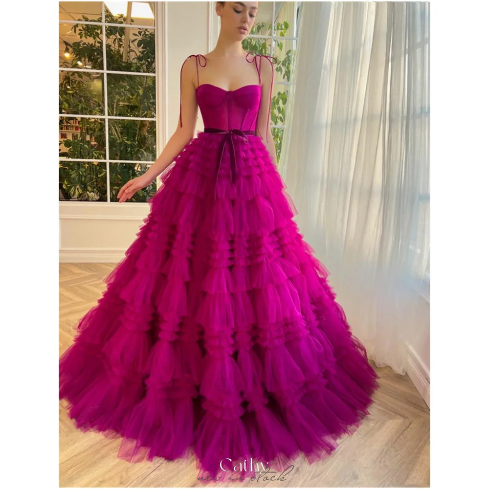 Cathy Fuchsia Exquisite A-line Tulle فساتين سهرة Spaghetti Strap vestidos de noiva Floor-Length Pleats Party robe de mariée 2024